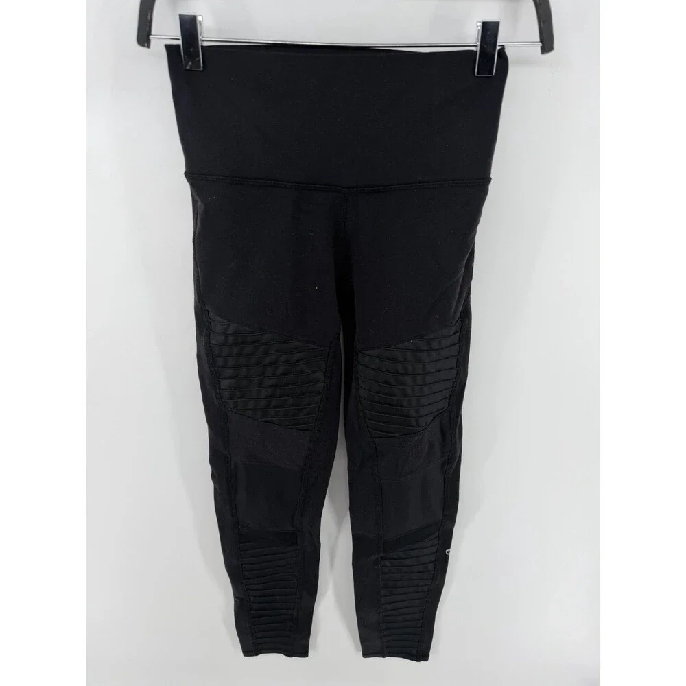 Alo Yoga Black High Waist Moto Leggings Mixed Media Mesh Ribbed Athletic M